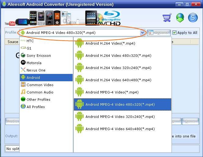 Choose outpur format, android video converter