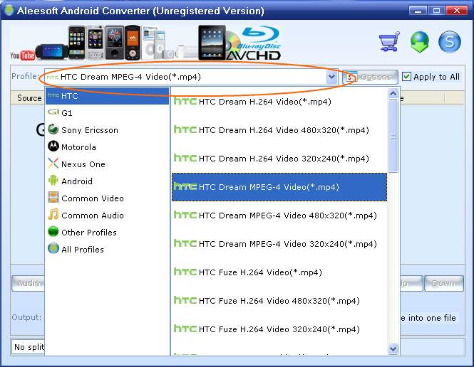 Choose outpur format, HTC video converter
